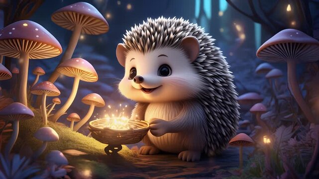 Charming hedgehog with glowing bowl amidst mushrooms in a forest at night