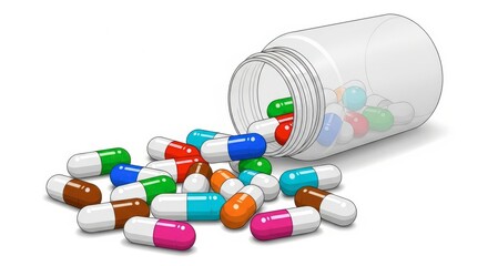 Colorful capsules spilling from an open medicine bottle