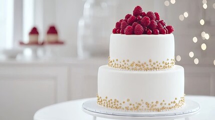 This stunning wedding cake features a white base, rich burgundy berries, and luxurious gold leaf accents