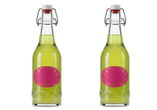 Isolated glass bottles containing colorful flavored beverage with retro-style swing top caps