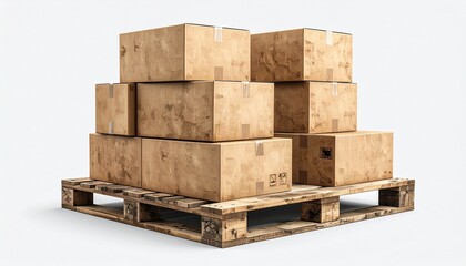 Wooden pallet loaded with nine uniform cardboard boxes arranged in a 3&times;3 grid; transparent background with checkered pattern for design use.