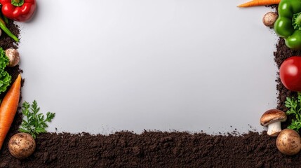 Brightly colored vegetables like bell peppers, carrots, and tomatoes are arranged around dark, rich soil, inviting viewers to explore eco-friendly gardening and healthy eating