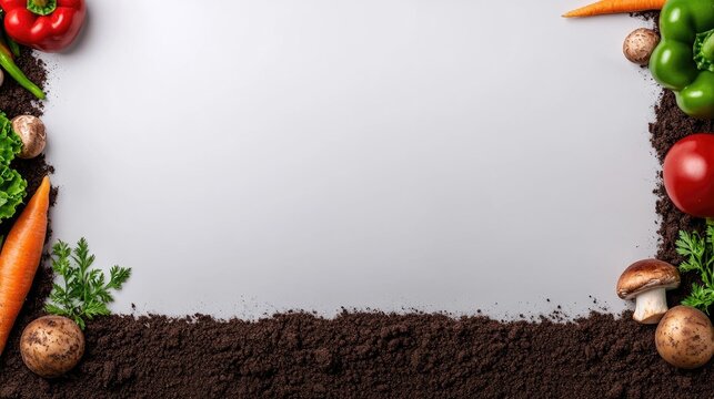 Brightly colored vegetables like bell peppers, carrots, and tomatoes are arranged around dark, rich soil, inviting viewers to explore eco-friendly gardening and healthy eating - Powered by Adobe