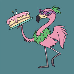 Pink Flamingo Wearing Party Mask Holds Birthday Cake With Candles illustration