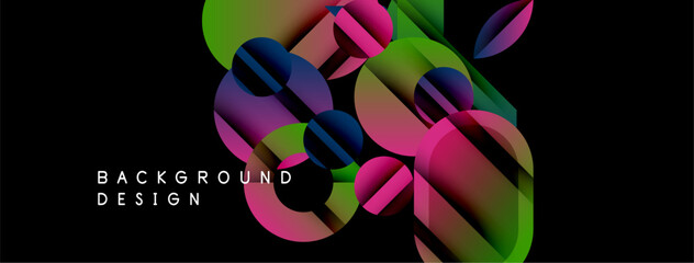 Fototapeta premium Abstract colorful shapes overlap, creating dynamic composition. Gradient hues blend, forming modern background design. Black space emphasizes vibrant elements.