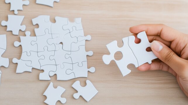 A hand grips a white jigsaw puzzle piece, its edge glowing subtly from below. Surrounding pieces are also illuminated, all set on a soft beige background, suggesting a moment of creativity