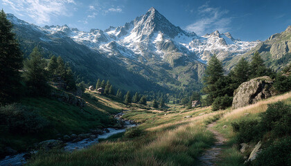 Obraz premium Ultra-Realistic Mountain Landscape with Snowy Peaks and Clear Blue Sky