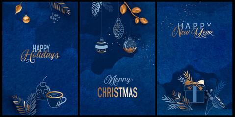 Set of Merry Christmas and Happy New Year dark blue banners. Artistic watercolor background with gold elements and drawings