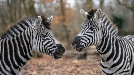 Naklejka premium Two zebras facing each other in a natural forest environment with fallen leaves on the ground and blurred trees in the background during autumn season