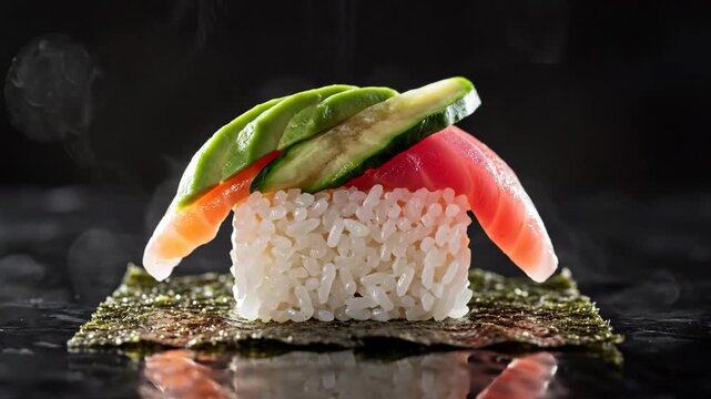 Rice Cube Prepares to Land on Rectangular Sheets of Nori