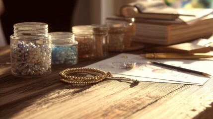 Artistic jewelry design workspace with beads and sketches