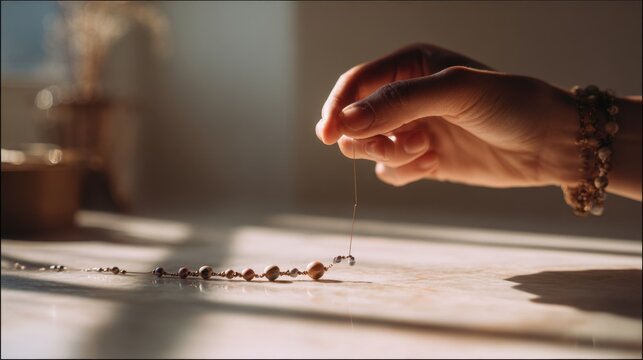 Delicate handmade jewelry crafting with thread and beads on marble surface - Powered by Adobe