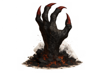 Demon hand emerging from inferno, reaching with sharp claws, evil monster rising from fire and smoke, horror concept for gaming