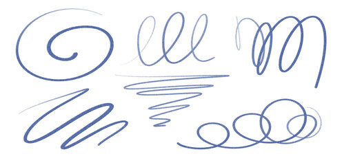 Set of hand drawn blue marker pen scribbles and swirls on transparent background