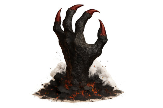 Demon hand emerging from inferno, reaching with sharp claws, evil monster rising from fire and smoke, horror concept for gaming - Powered by Adobe