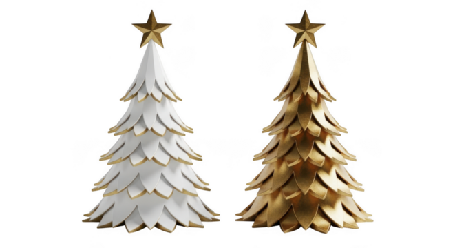 Two decorative christmas trees white and gold festive holiday ornaments transparent background