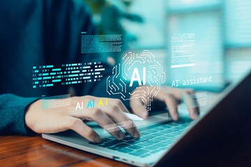 A professional typing on a laptop with virtual AI interface elements, representing artificial intelligence processing, machine learning systems, automation, digital data analysis, and advanced smart