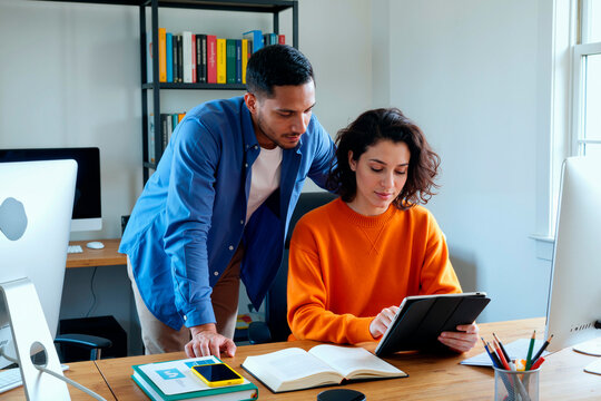 Young woman sitting at desk using digital tablet while young Black man standing beside her looking at screen, both collaborating in office workspace