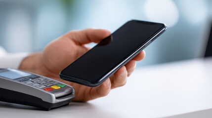 A person using a smartphone to pay with contactless payment on an EMV card reader
