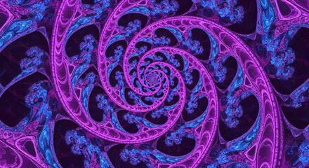 Large Intricate Purple Fractal Spiral. Glowing Geometric Pattern Creating a Hypnotic Digital Art Background.