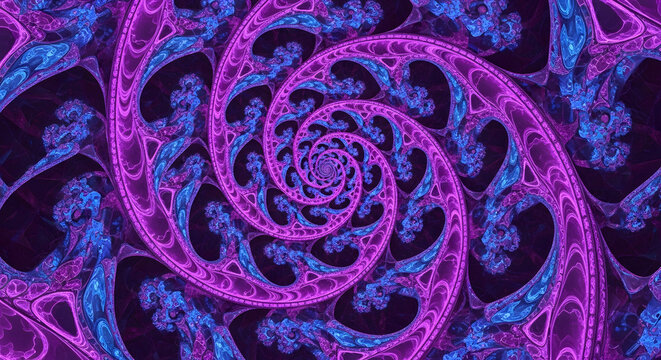 Large Intricate Purple Fractal Spiral. Glowing Geometric Pattern Creating a Hypnotic Digital Art Background. - Powered by Adobe