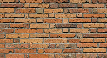 Fototapeta premium Full frame view of a textured brick wall featuring reddish-brown and orange bricks. Ideal for background, pattern, and architectural design concept.