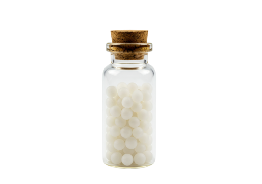 Isolated glass bottle with cork stopper filled with white homeopathic globules or pellets