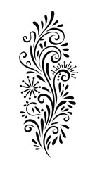 Black abstract floral swirl design element with dots and starburst shapes white