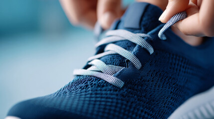 A close up of a person tying the laces on their blue sneakers with white and black checkered shoelaces