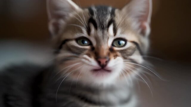 Close up of a young tabby cat with mouth open