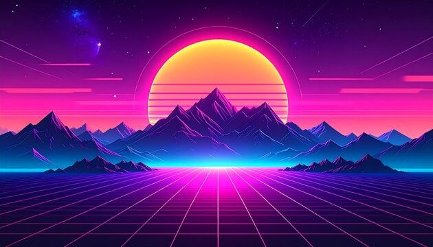 Retro-style, vibrant landscape with neon grid, mountains, and a large, radiant sun against a star-filled sky