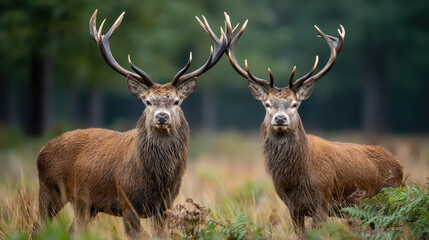 Two majestic male deer with large antlers standing alert in a grassy forest clearing during daylight with blurred deep green trees in the background