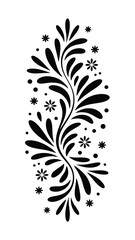 Black abstract floral swirl with dots and starbursts on white background vector