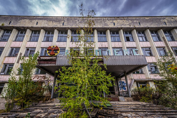Former administration building of Pripyat abandoned city in Chernobyl Exclusion Zone, Ukraine