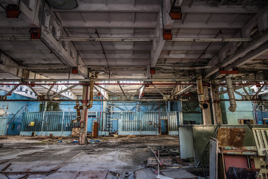 Production hall in factory in Pripyat ghost city in Chernobyl Exclusion Zone, Ukraine