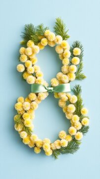 Yellow mimosa flowers are artistically arranged in the shape of the number 8, complemented by a green ribbon. This minimalistic design on a light blue background beautifully symbolizes Women's Day
