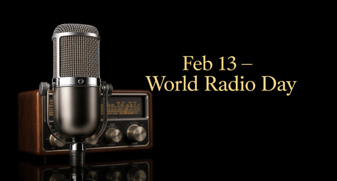 Celebrate World Radio Day on Feb 13 with a vintage microphone and classic radio, perfect for podcasts, broadcasting, and audio production projects, inspiring creativity