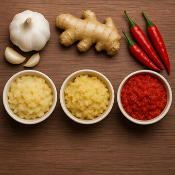 Garlic, ginger, and chili paste in small bowls