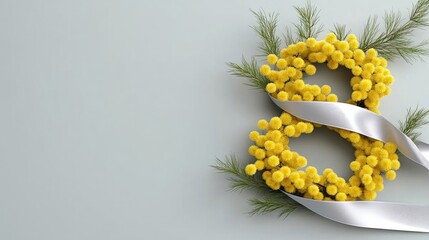 A beautiful arrangement features the number 8 crafted from vibrant yellow mimosa flowers, accented by a delicate ribbon