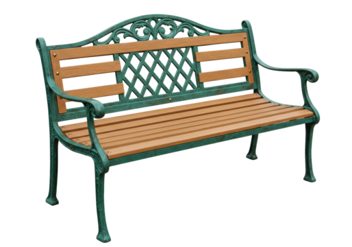 Isolated Park Bench with Wood Slats and Green Metal Frame for Outdoors, Parks, and Patios