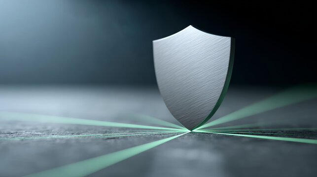 A silver shield with green beams of light emanating from it on a dark background - Powered by Adobe