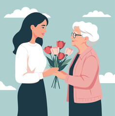 International Women's Day, March 8, Mother's Day. Sweet vector illustration, young woman giving red tulips to an elderly woman her mother, grandmother with white, gray hair, glasses. Blue sky, clouds