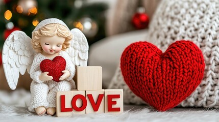Fototapeta premium A charming cupid angel statue holds a red heart while wooden blocks spell out LOVE beside a cozy, soft background. Perfect for expressing affection on Valentine's Day