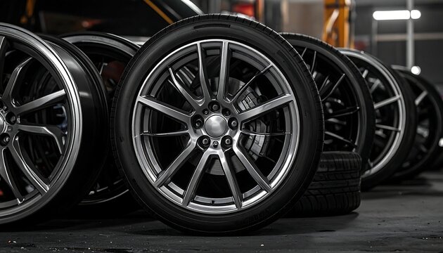 Row of sleek car tires with alloy rims are lined up against a dim garage backdrop, emphasizing quality and automotive appeal