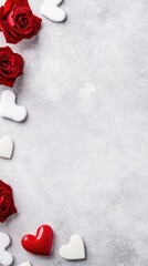 Fototapeta premium A white cupid angel with a red heart and rose sits happily with hands to their chest. Red roses and white hearts adorn the ground while soft snow falls, creating a romantic ambiance