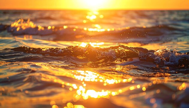 Golden sunset bathes rippling ocean waves in warm light, reflecting in the water's surface and creating bokeh highlights - Powered by Adobe