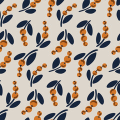 Seamless floral pattern, abstract nature print of hand drawn berry branches in retro motif. Botanical design of painted wild plants, small berries, tiny leaves, cute falling twigs. Vector illustration