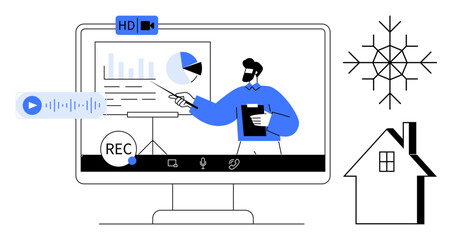 Professional presenting data on charts in video call, recording indicator, home icon, snowflake. Ideal for e-learning, online meetings, webinars, remote work, virtual training teamwork digital