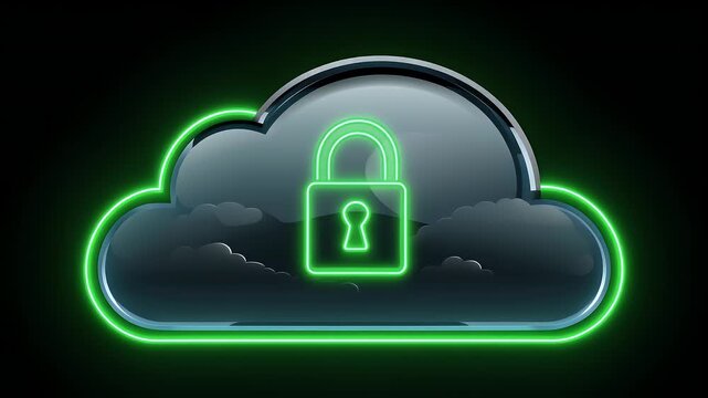 Cloud computing security digital cloud icon with green neon padlock - Powered by Adobe