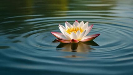 Lotus flower floating on calm water with ripples, serene nature. Zen and tranquility concept